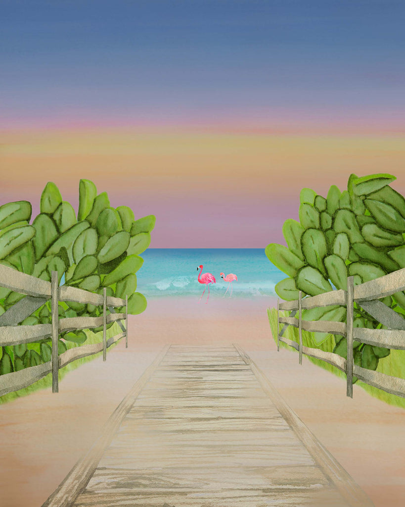 pink flamingo, flamingos on beach, sunset, beach, watercolor, art, print, artwork, gift for beach lover, gift for flamingo lover, gift for teen girl, gift for tween girl, beach nursery