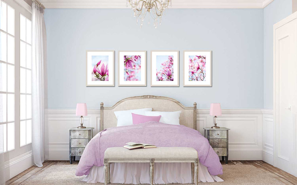 Sherwin Williams Wishful blue, feminine bedroom ideas, feminine bedroom decor,  calm bedroom inspiration, calm bedroom decor ideas, pale blue walls, art above bed, magnolia art, floral art print