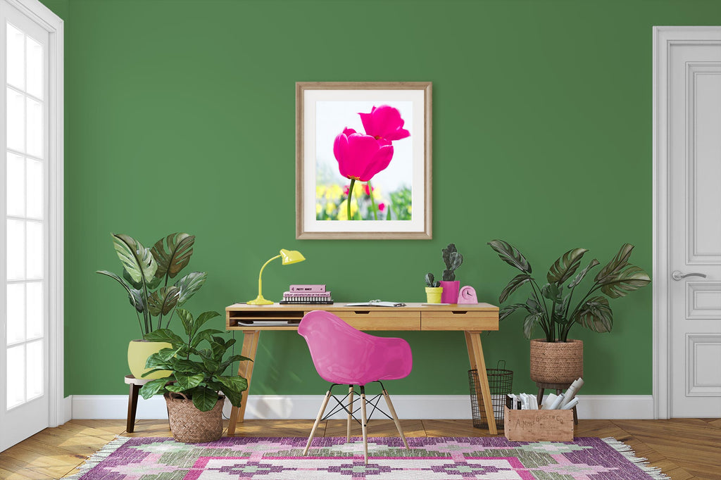 colorful boho office, pink and green office decor, bold home office colors, Sherwin Williams Garden Grove walls, colorful bohemian office art, hot pink tulip art
