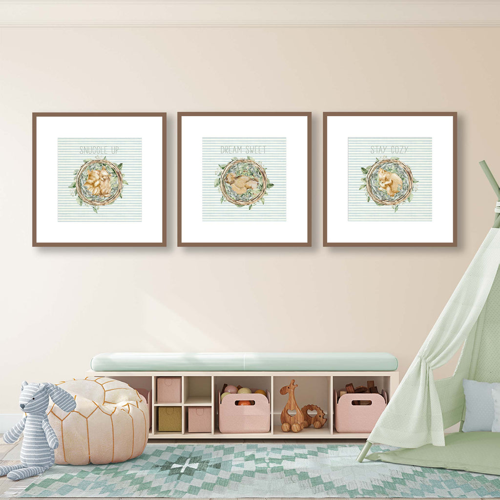 toddler, little boy, room, bedroom, playroom, wall decor, cozy, whimsical, woodland, forest, animals, print set, square art