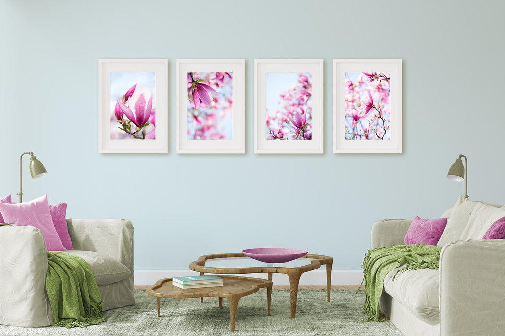 spring floral art, nature inspired living room decor, magnolia flower artwork, magenta and light blue decor, Sherwin Williams Iceberg