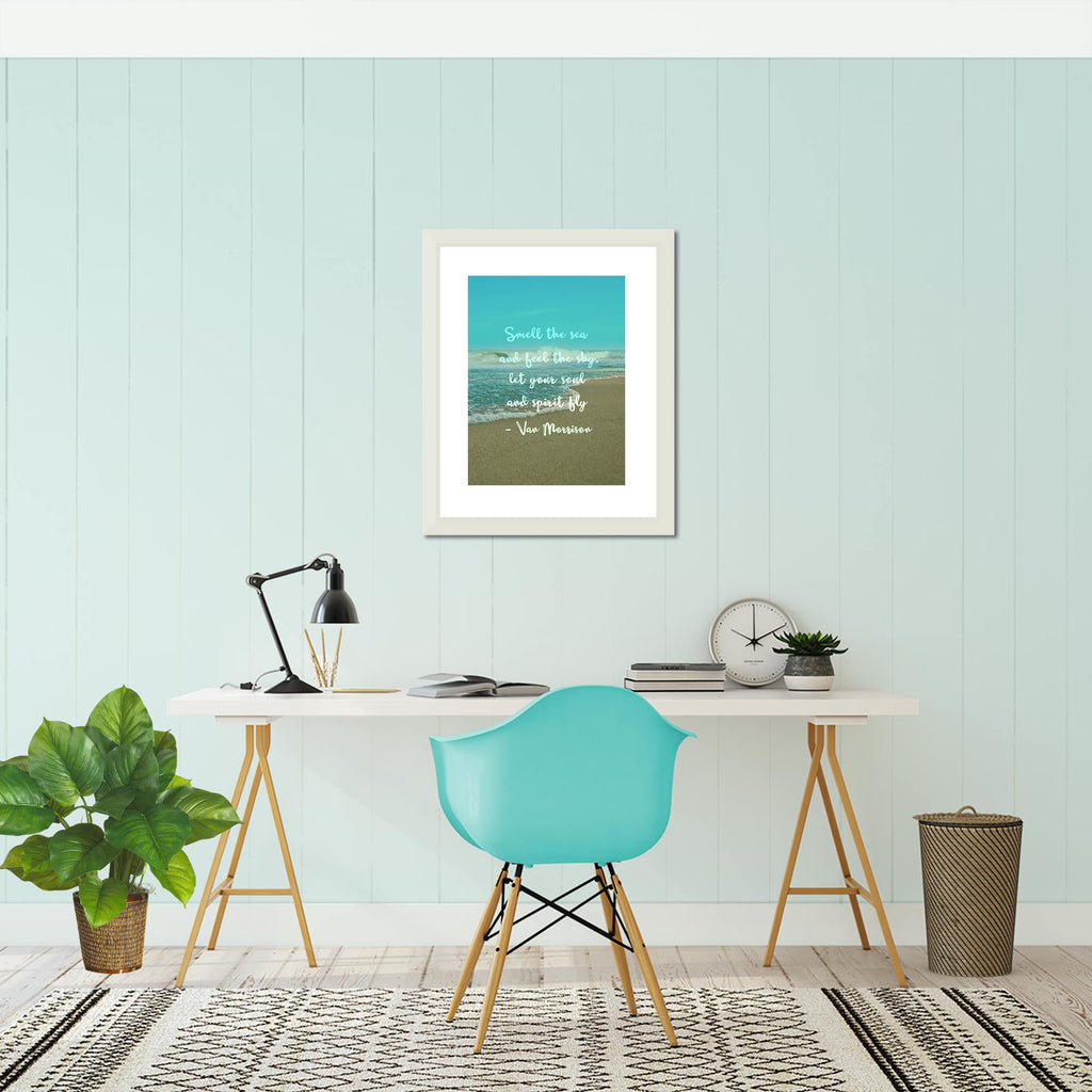 coastal style, minimalist, home office, study space, decor ideas, beach art, art above desk