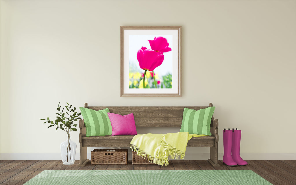 hot pink floral art, hot pink green yellow entryway, colorful entryway decor, modern farmhouse spring wall art, modern farmhouse entryway decor, farmhouse entryway bench with artwork, 