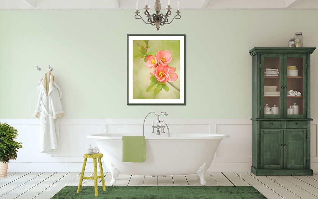 coral floral painting, peach quince flower art, green peach farmhouse bathroom decor, 
