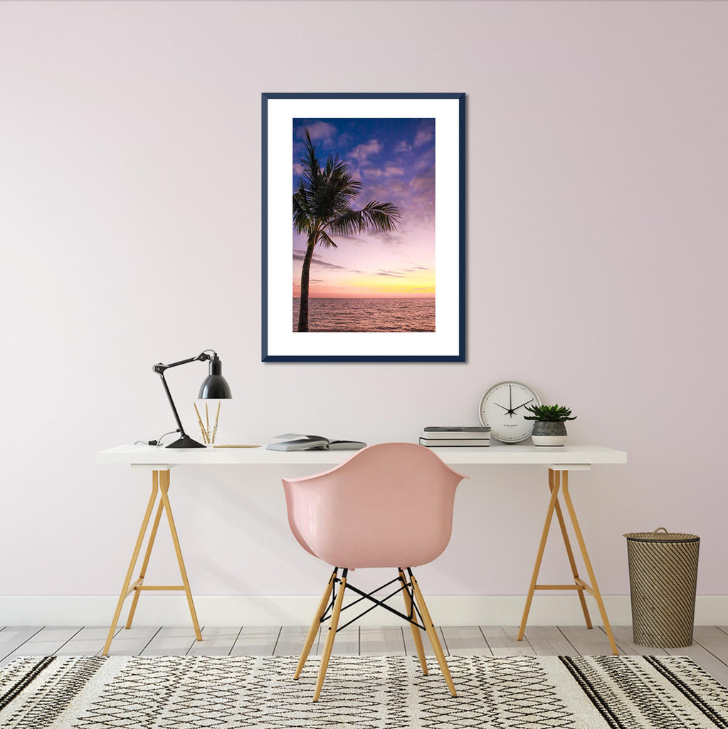 palm tree at sunset, beach, ocean, photography, art, print, home office, study space