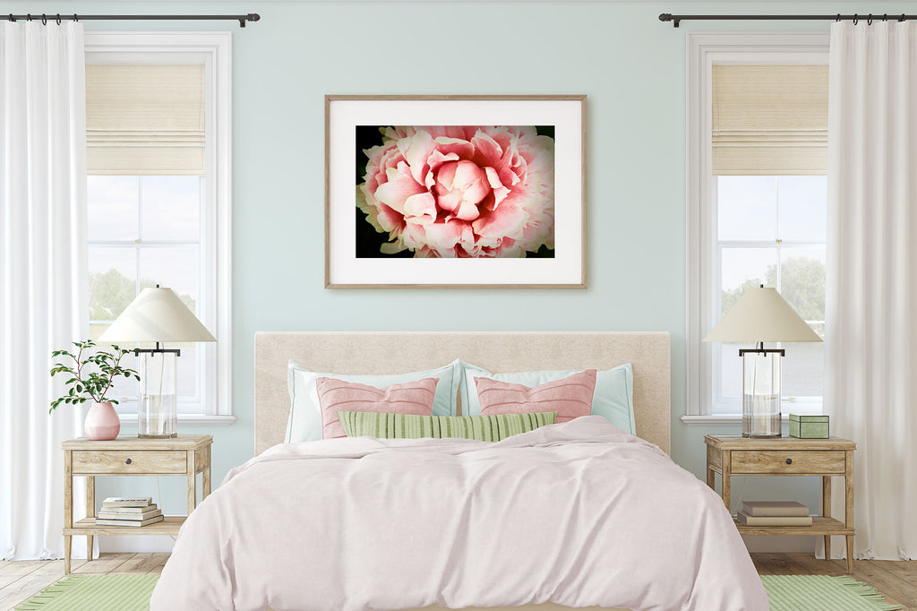 peach peony artwork, Sherwin Williams Topsail, light blue and peach bedroom, relaxing bedroom colors, 