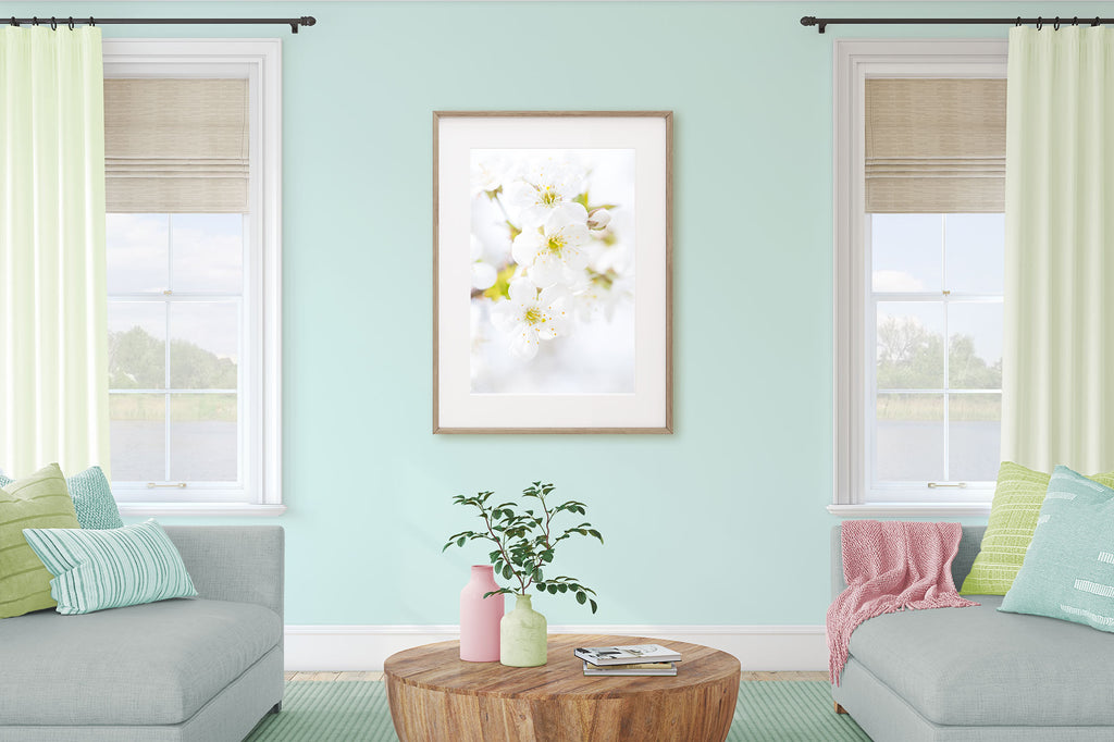 Sherwin Williams Tidewater, lake house, coastal style, living room, aqua lime pink color palette, pastel living room, white flower art, white floral art, cherry blossom print