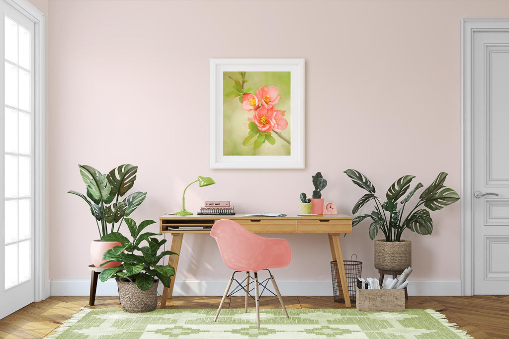 coral flower painting, peach and green boho office decor, Sherwin Williams Cotton Candy, home office with lots of plants