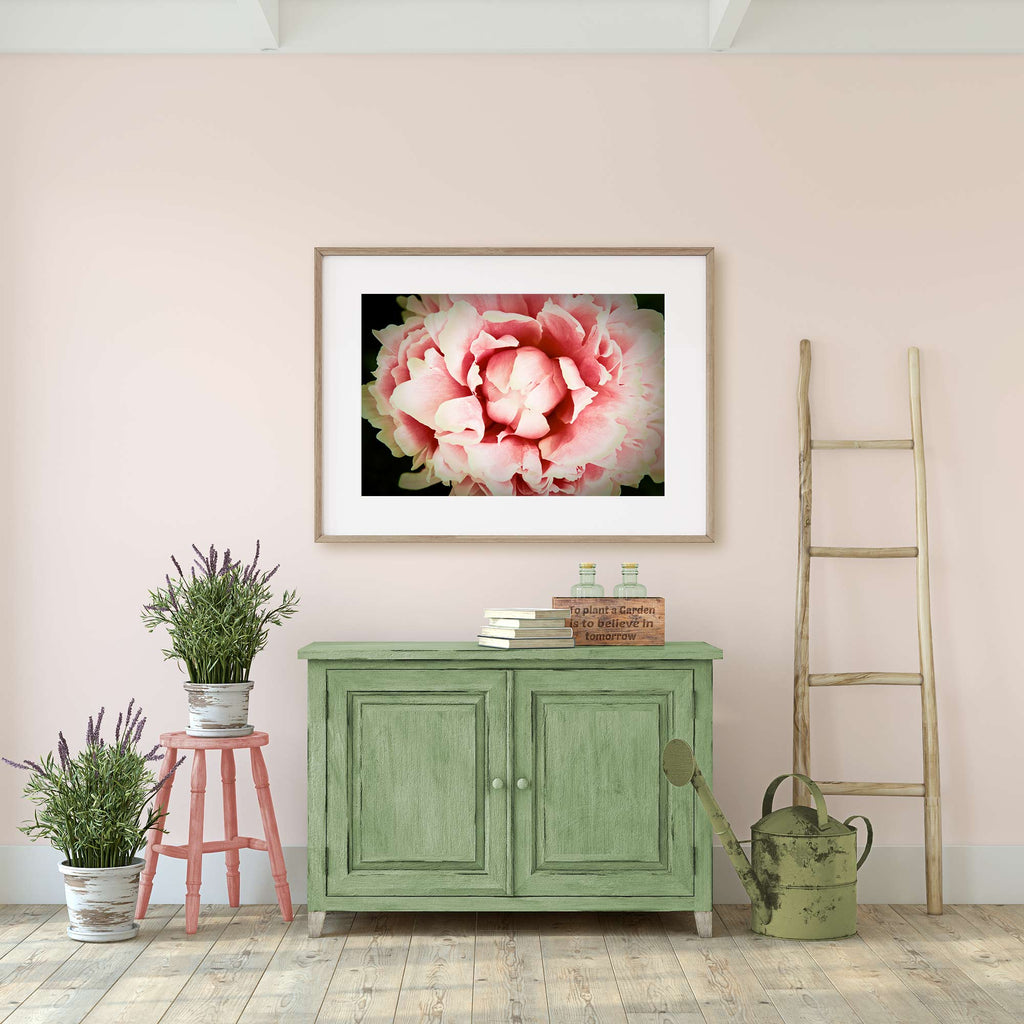 peach peony painting, cottagecore entryway, Farmhouse entry decor, Sherwin Williams Patient White, Sherwin Williams Broccoflower, peach and green entryway, 