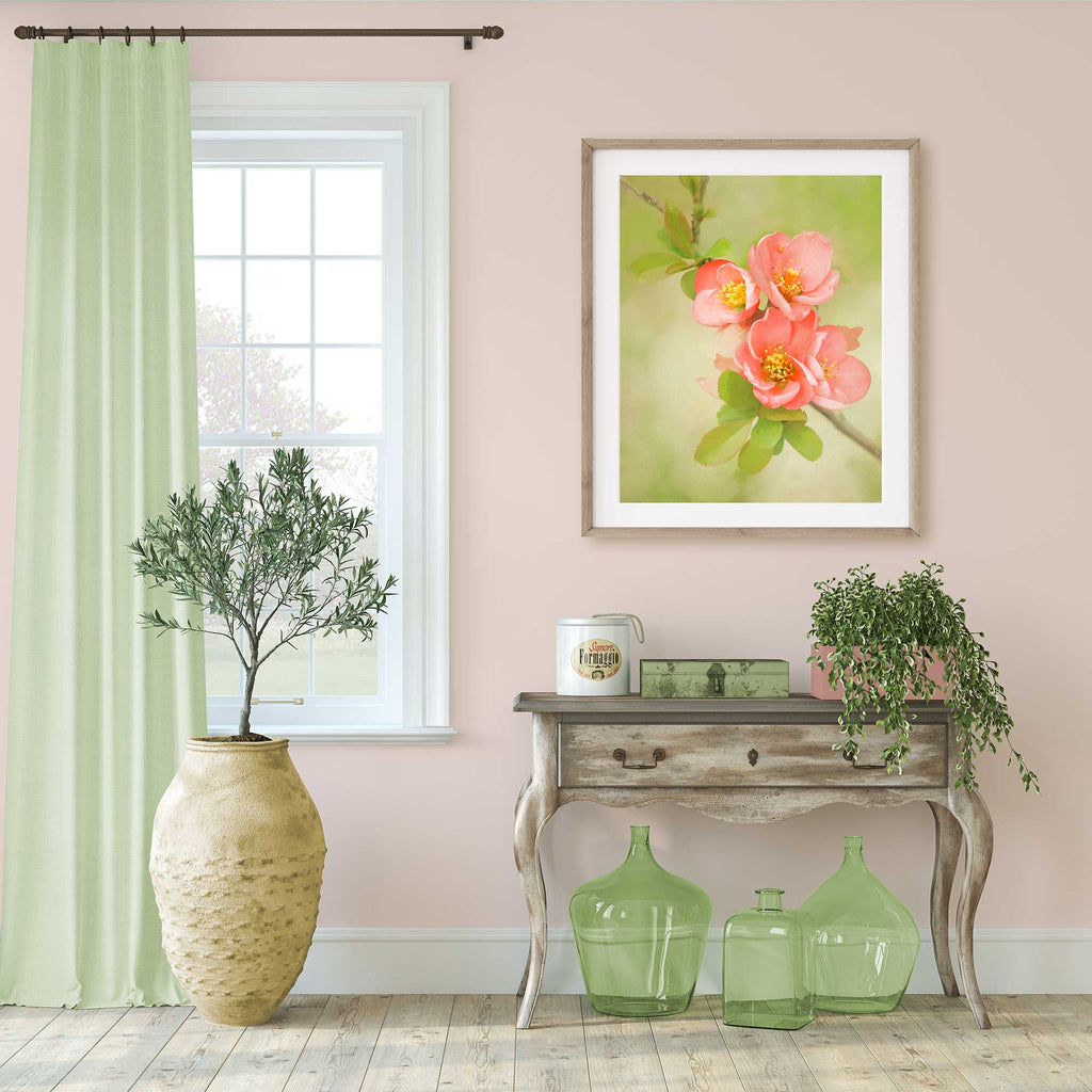 coral quince flower art, peach colored flower painting, cottagecore living room art, quince flower painting, peach and spring green living room decor