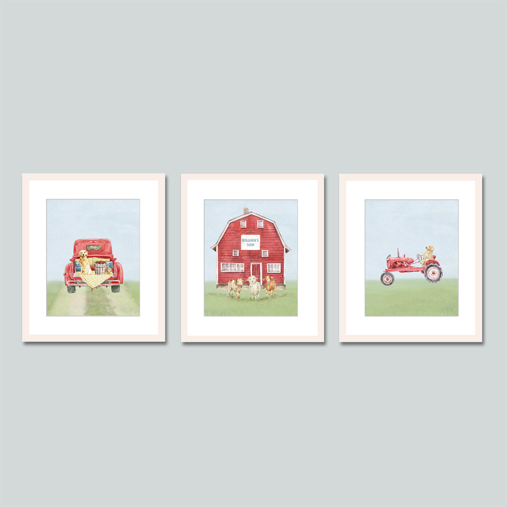 light blue, light green, green, red, farm, art print set, personalized, name sign, whimsical, red truck, red barn, red tractor, boys room decor, farm nursery