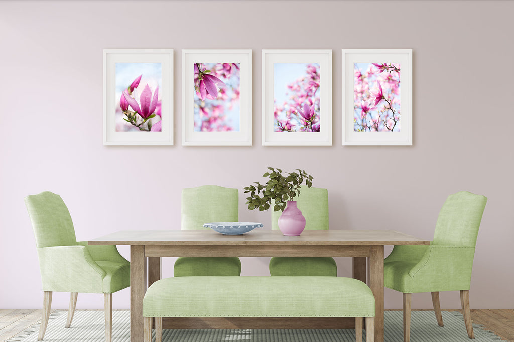 Sherwin Williams Spangle, pink and green dining room, cheerful dining room, spring decor for dining room, magnolia flower art set