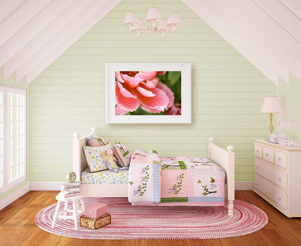 cottagecore, little girls room, toddler bedroom, floral, cottage, pink and green, pink peony art, sophisticated girls room, Sherwin Williams Honeydew walls