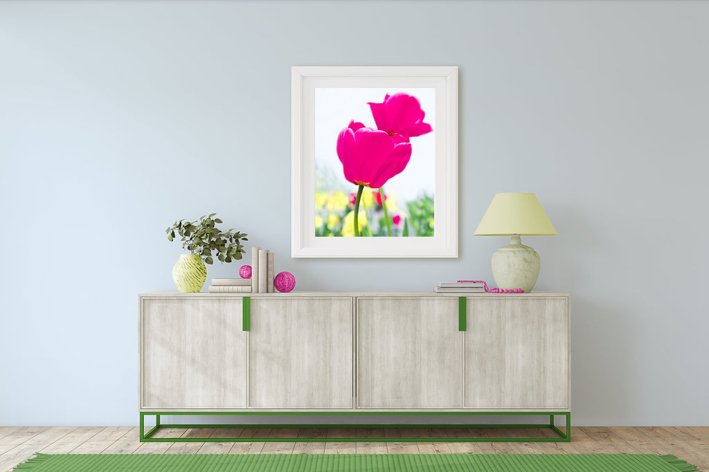 hot pink tulips wall art, hot pink wall art, Sherwin Williams Wishful Blue walls, happy living room colors, cheerful living room art