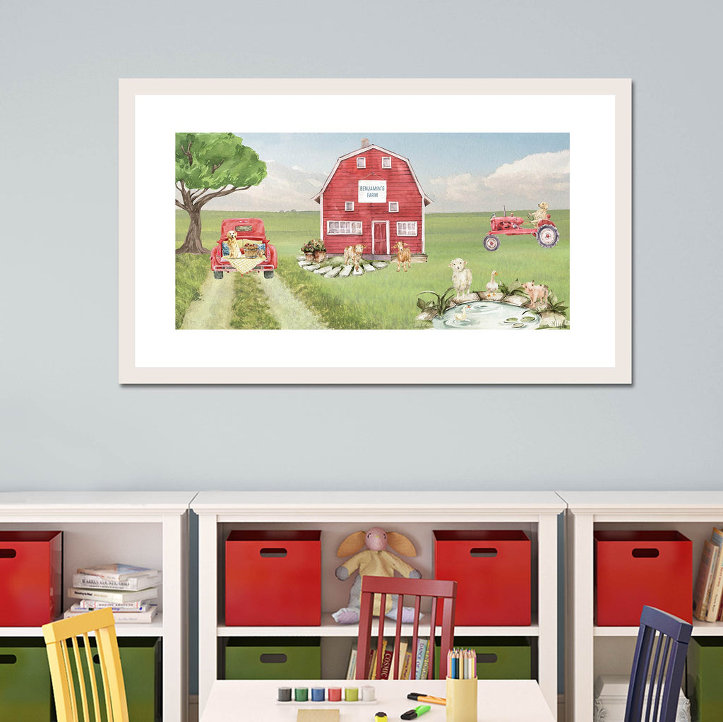 farmhouse, playroom, personalized farm art, red truck, red barn, red tractor, farm animals, dog, golden retriever