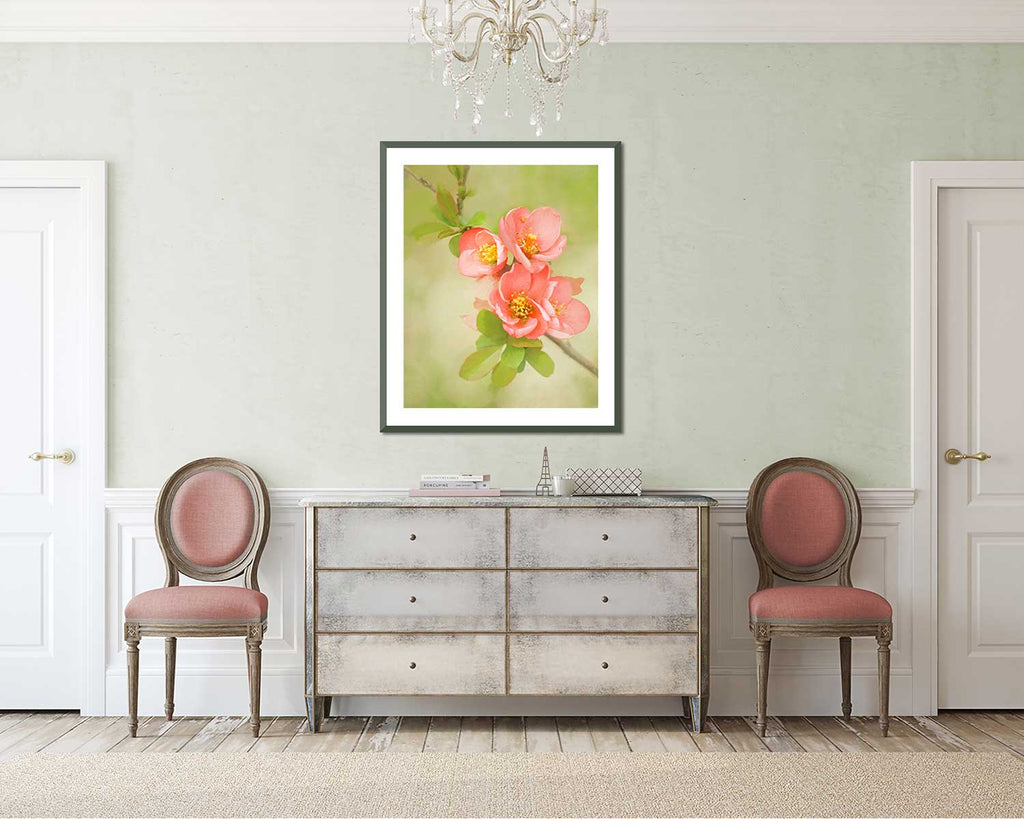 coral quince flower art, peach and green bedroom art, Parisian chic bedroom decor, Parisian chic bedroom art, 