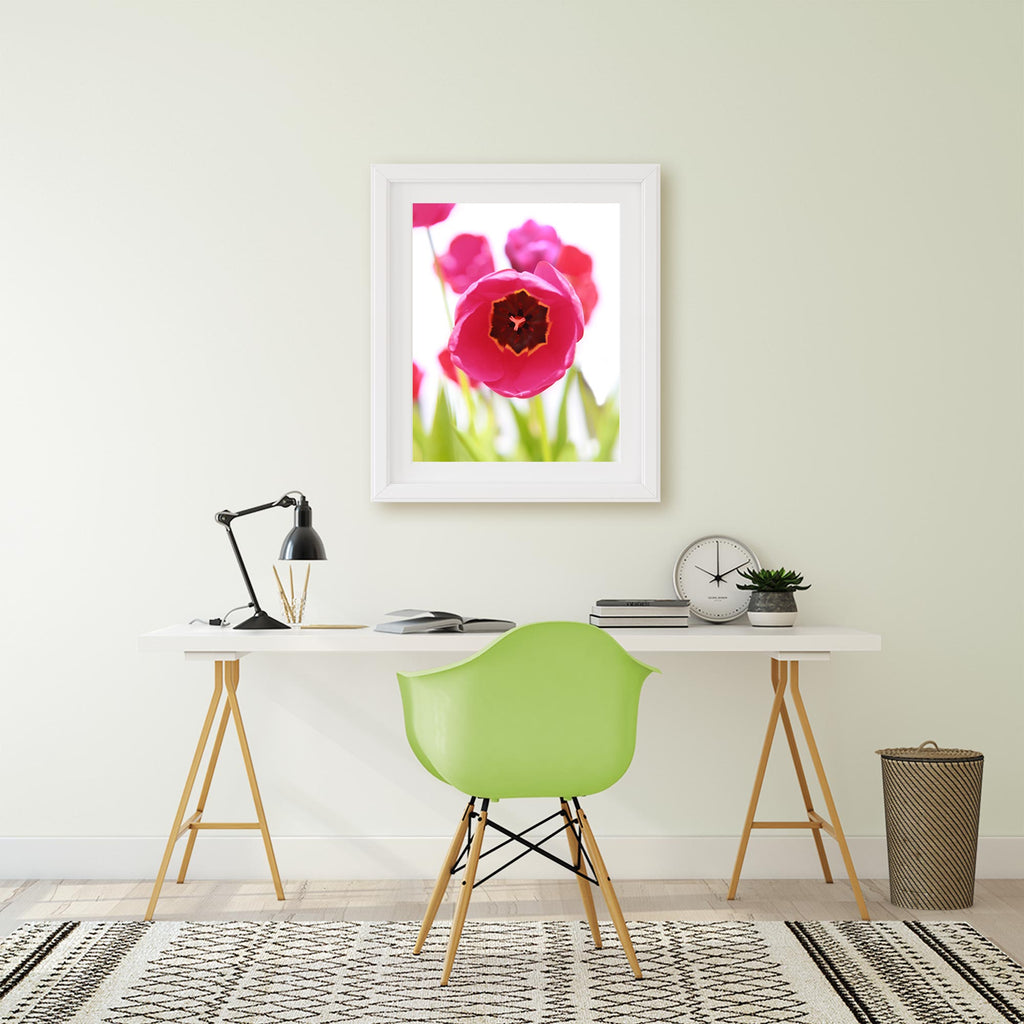 minimalist office, neutral with a pop of color, hot pink, green, chartreuse, tulip art