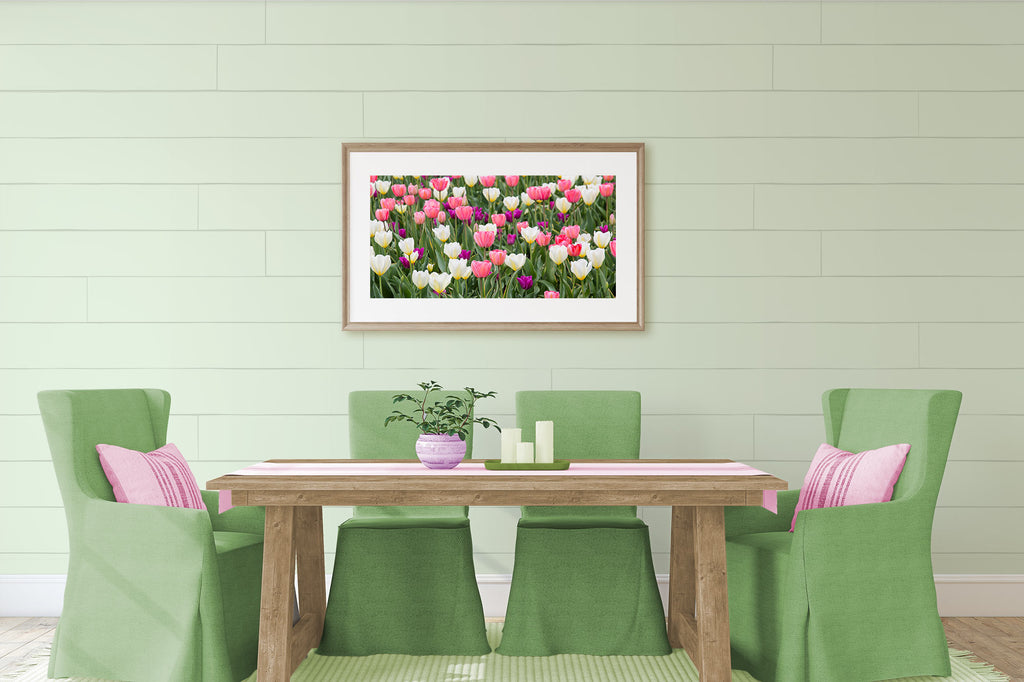 Easter dining room decor, spring dining room decor, spring art, tulip print, tulip painting, tulip photography, Sherwin Williams Supreme Green