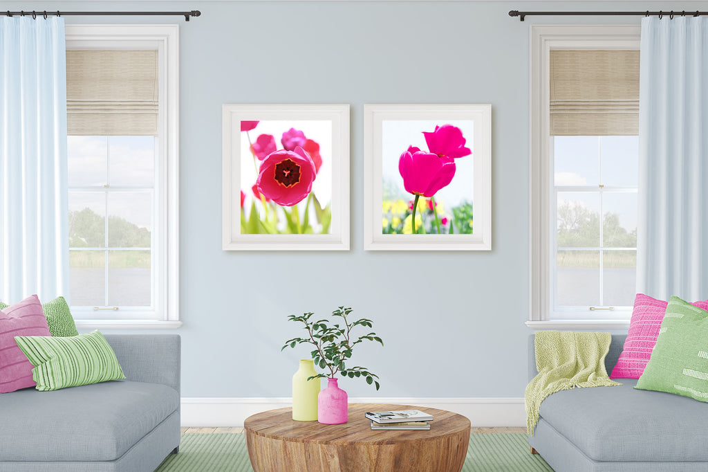 set of 2 floral wall art, set of 2 floral prints, hot pink tulip artwork, neutral with a pop of color living room, blue green pink living room, colorful living room decor
