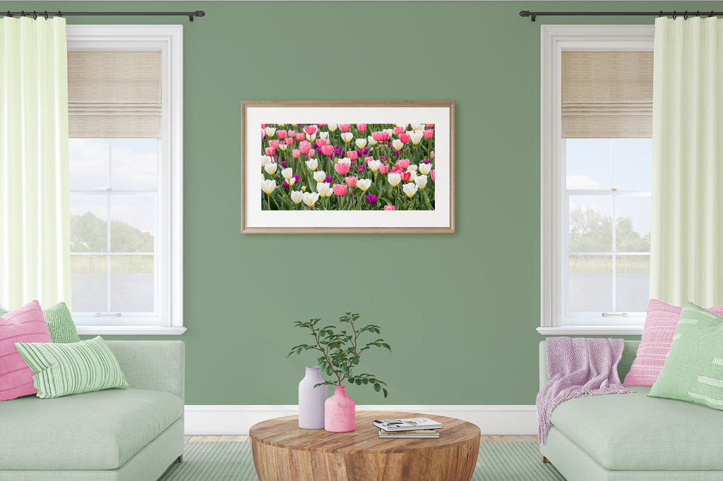 Sherwin Williams Parisian Patina, green walls, living room, pastel spring decor, tulip art, pink throw pillows, pink and purple accent