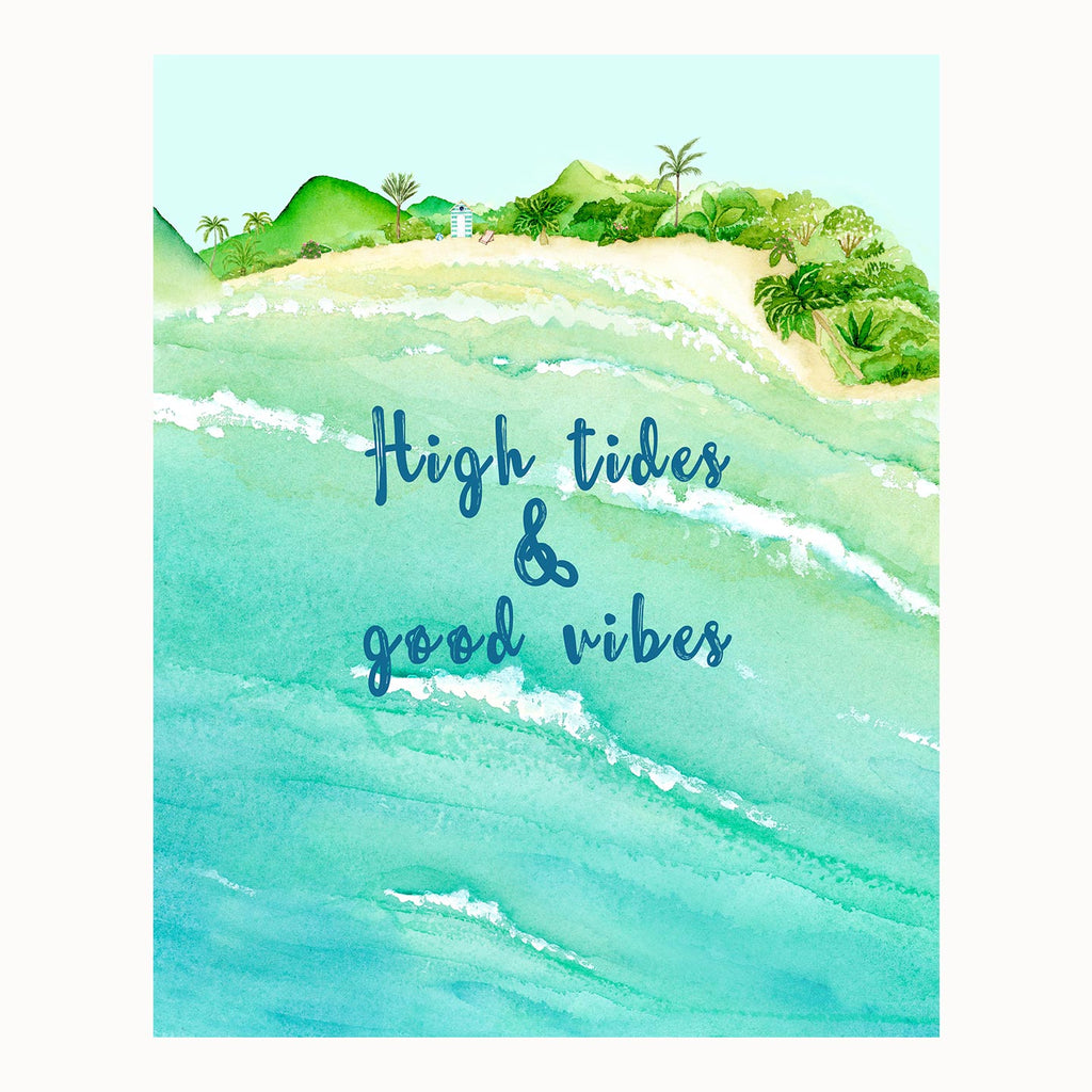 high tides and good vibes, beach, surf, surfer, saying, word art, tropical, watercolor, painting, art, artwork
