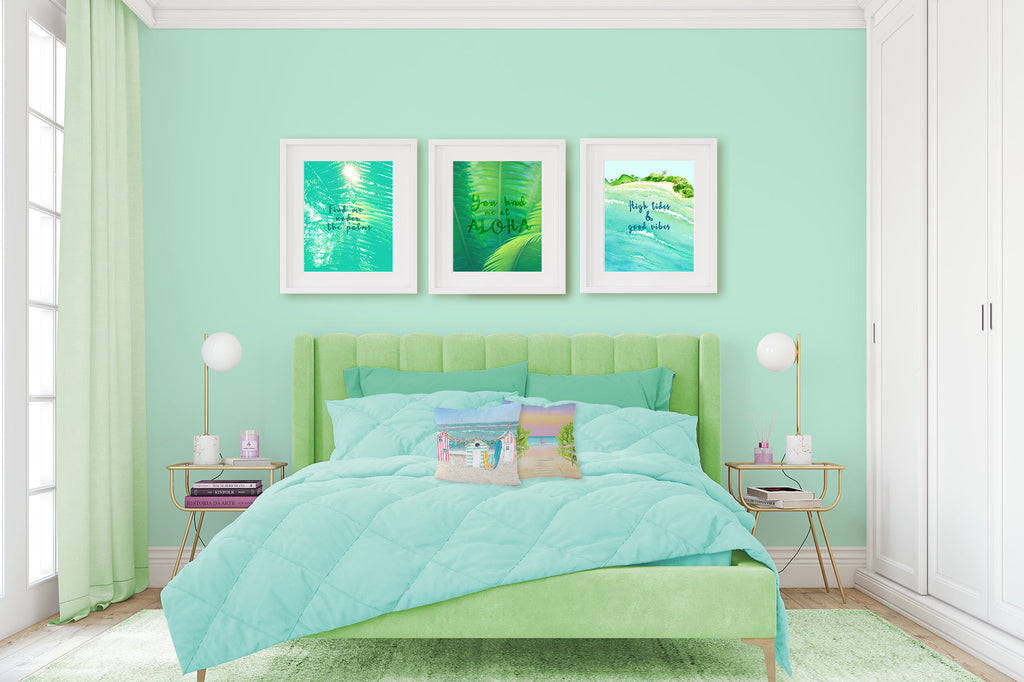 teen, tween, girl, beach, tropical, calm, bedroom, decor ideas,  seafoam bedroom walls, aqua bedroom walls, aqua and green, art prints, bedroom color palette,