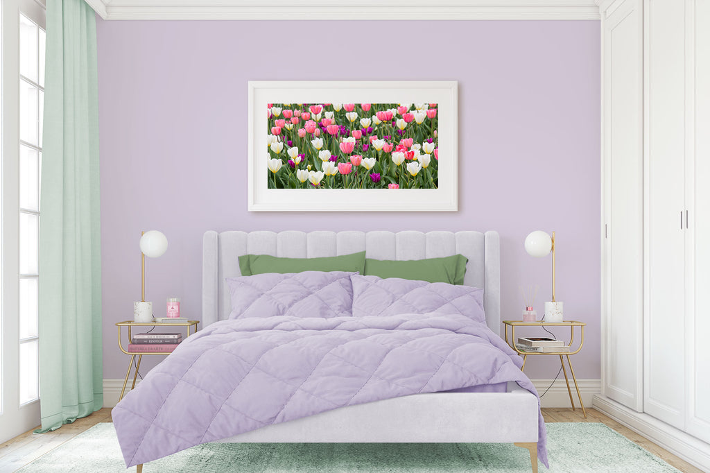 teen girl room, tween girl room, purple and green, lavender and sage,  pastel, tulip art, art above bed, Sherwin Williams Rhapsody Lilac walls