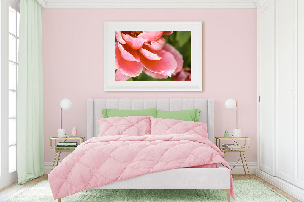 Sherwin Williams Demure pink walls, pink and green girls room, teen girl bedroom, tween girl room, pink floral art, art above bed