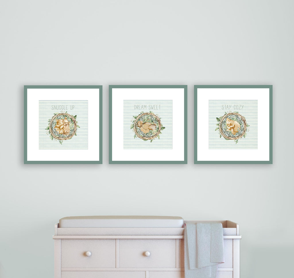 cozy, hygge, baby, boy, nursery, art, print set of 3, art over changing table, woodland, forest, theme