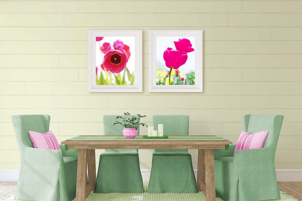 colorful dining room decor, spring artwork, tulip art set, cheerful dining room ideas, cheerful dining room colors, yellow green pink dining room