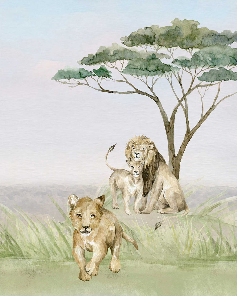 lion, lioness, lion cub, watercolor, art, print, African, Savanna, safari animal print set