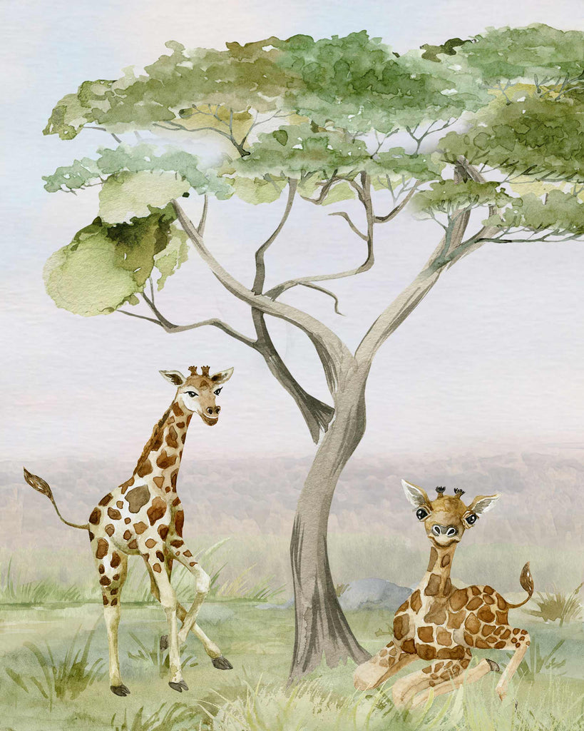baby giraffe, watercolor, safari print set