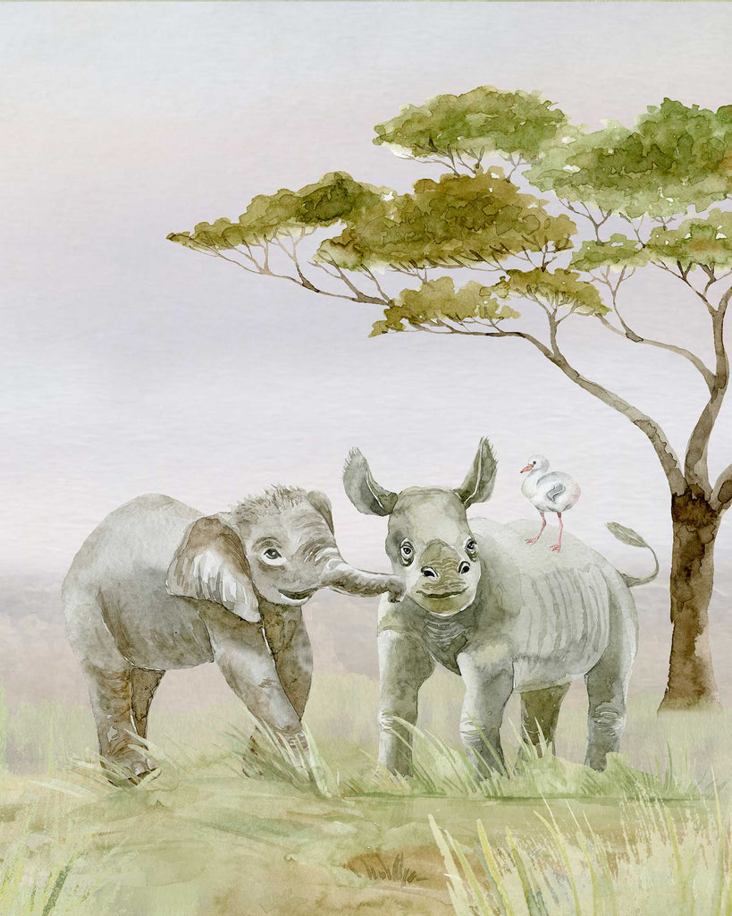 baby elephant, baby rhino, watercolor, kids, baby, art, print set