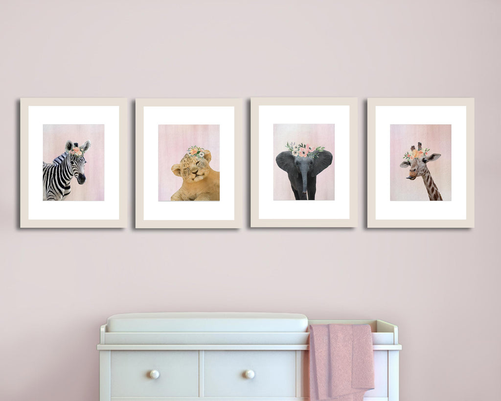 print set, of 4, of four, watercolor, safari, animals, with flower crowns