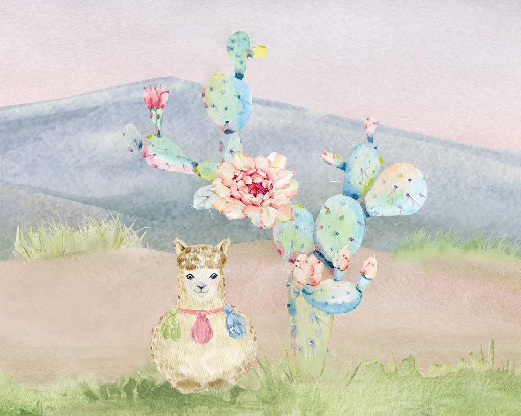 llama, cactus, watercolor, art