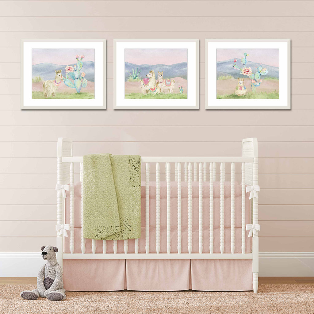 baby girl nursery, llama, cactus, print set, art over crib