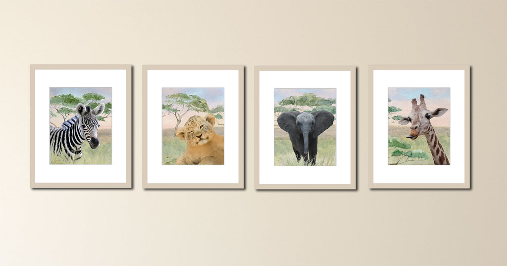 watercolor, print set, of 4, of four, African, savanna, safari, animals, zebra, lion, elephant, giraffe