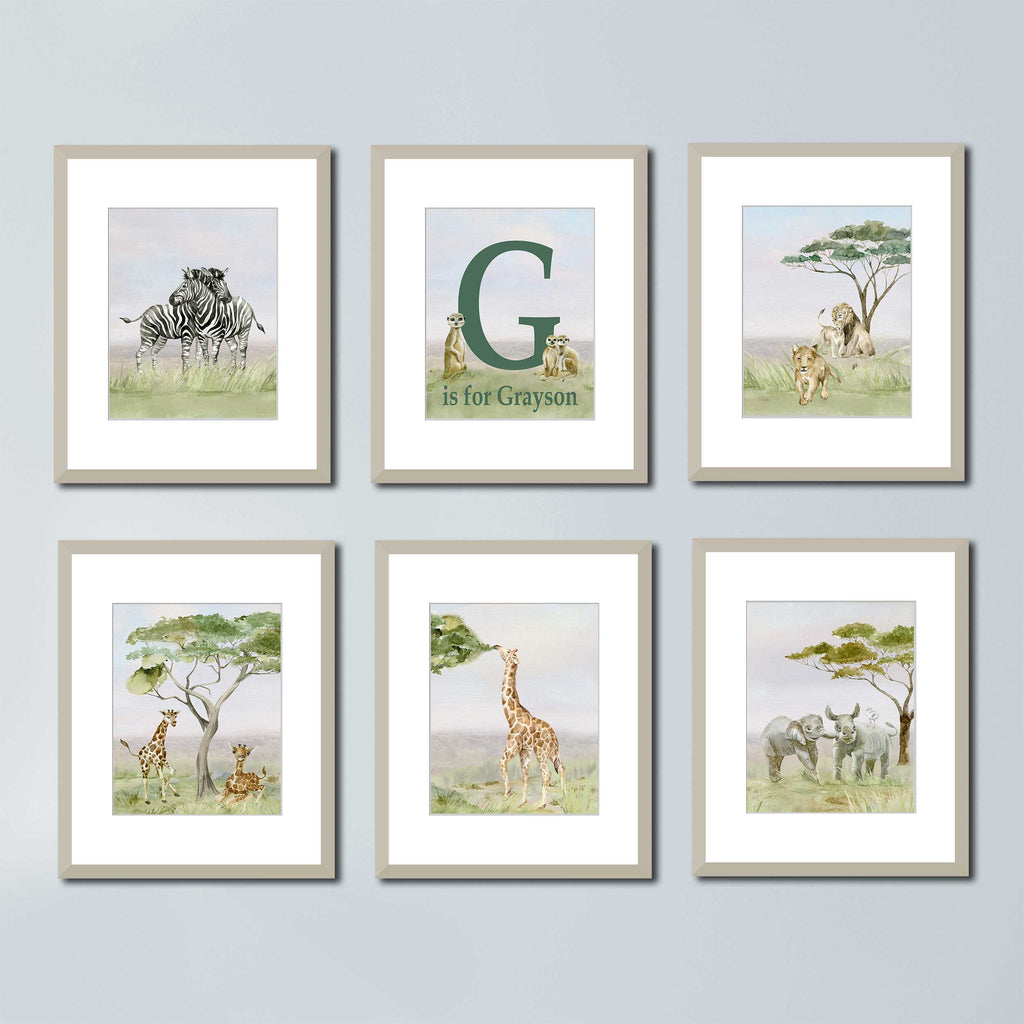 personalized safari art set for boys, watercolor, set of 6, zebra, meerkat, lion, lion cub, baby giraffe, baby elephant, baby rhino, African, Savanna