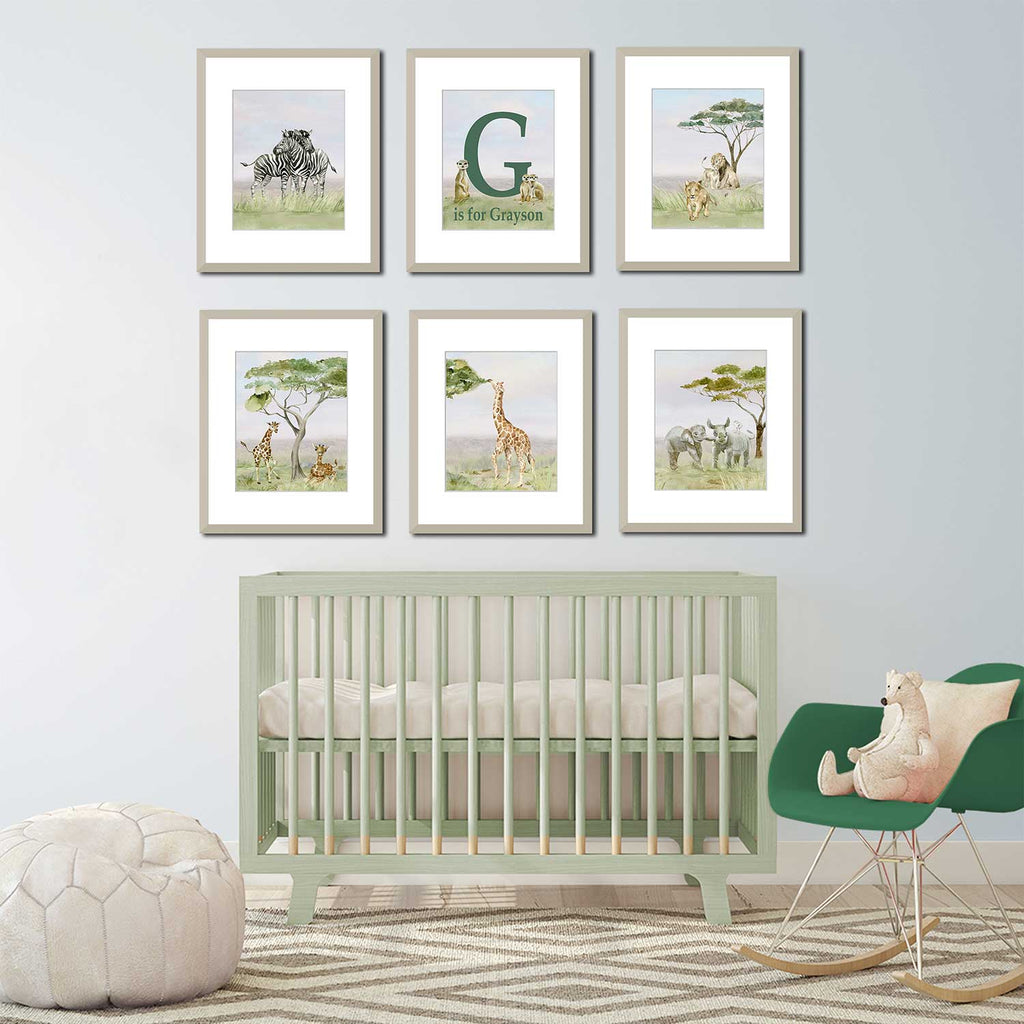 Safari, theme, baby nursery, personalized, print set, design, decor, ideas, art over crib