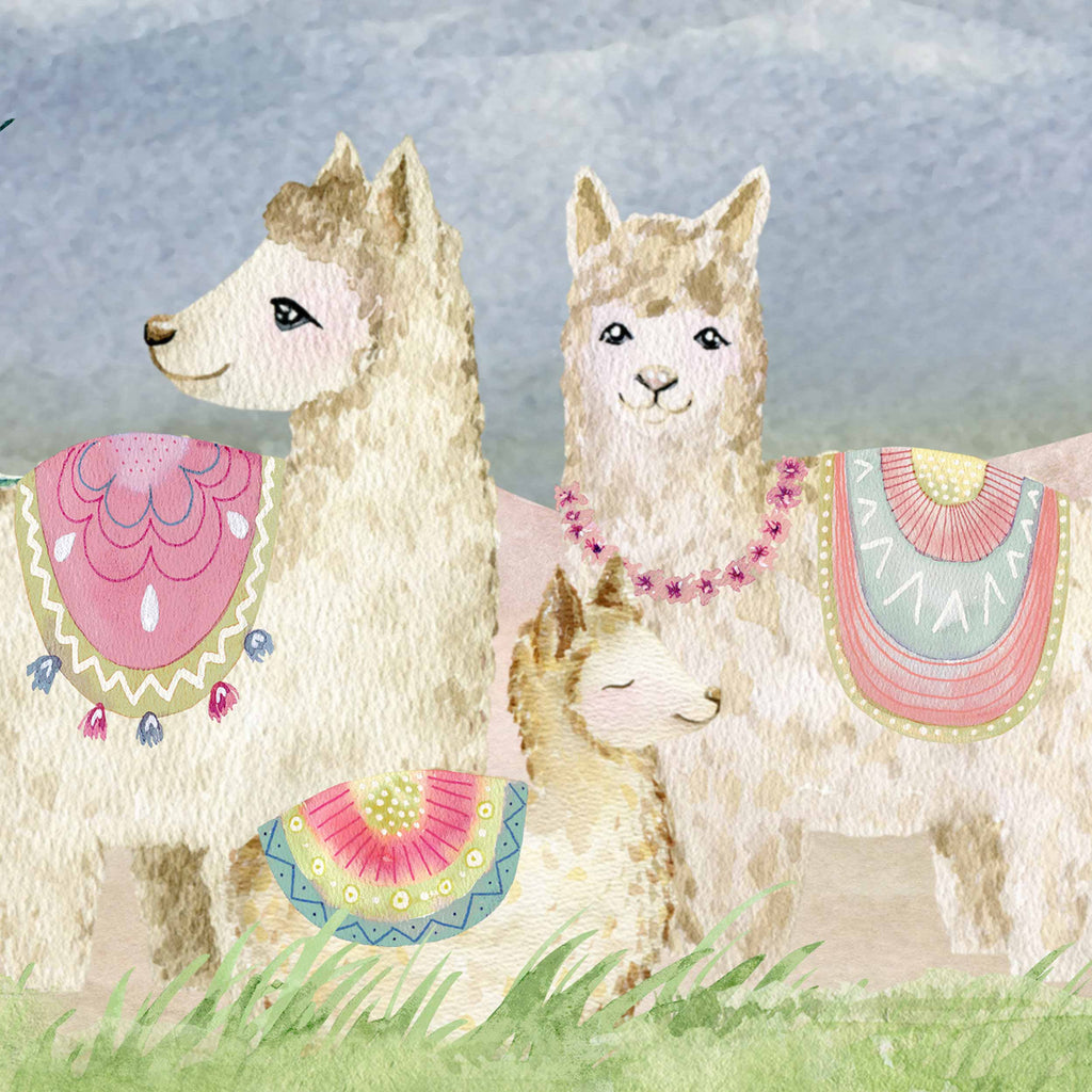 baby llama, watercolor, pink, turquoise, green, art